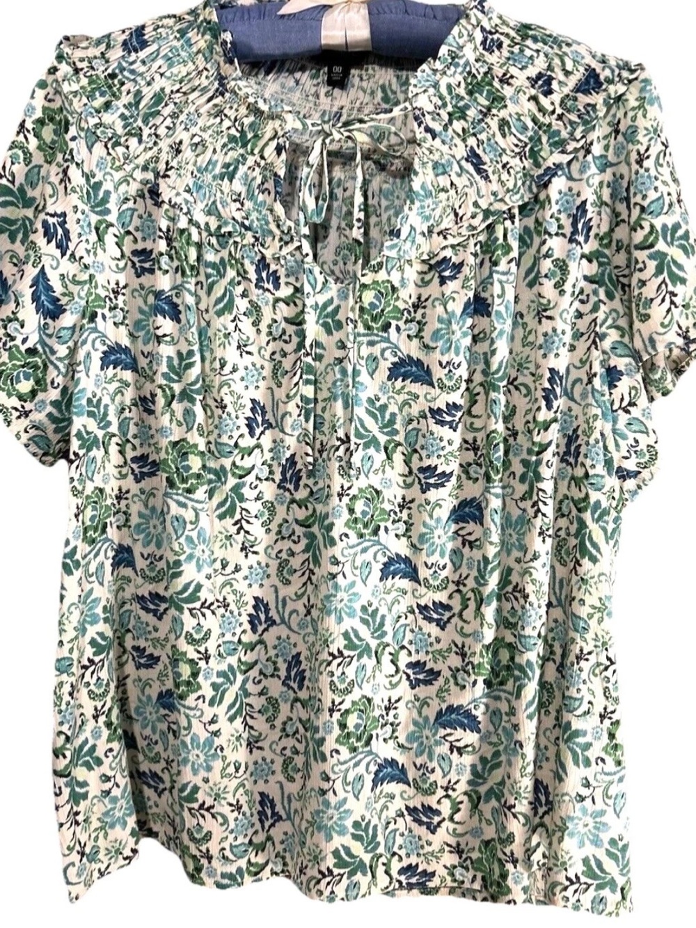 Torrid Top 00 Green White Artsy Floral Print Flowy Popover Shirt Blouse